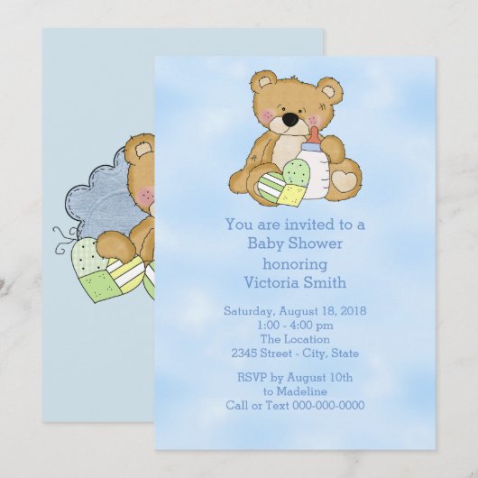 Invitation Baby shower bébé garçon Teddy ours (Devant / Derrière)