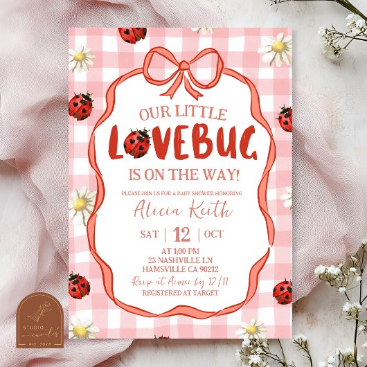 Invitation Baby Shower Bébé Lovebug Rouge à Carreaux