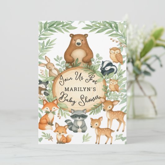 Invitation Baby shower Bébé mignon Bois Animaux (Debout devant)