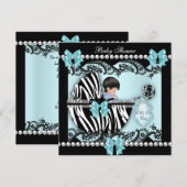 Invitation Baby shower Bébé mignon Garçon bleu Zèbre dentelle (Devant / Derrière)