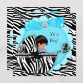 Invitation Baby shower Bébé mignon Garçon bleu Zèbre Pram (Devant / Derrière)