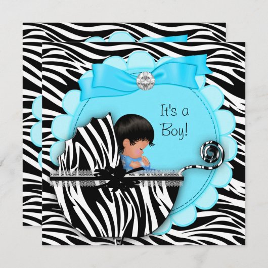 Invitation Baby shower Bébé mignon Garçon bleu Zèbre Pram (Devant / Derrière)