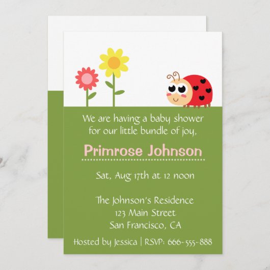 Invitation Baby shower : Bébé mignon Ladybug dans un jardin (Devant / Derrière)