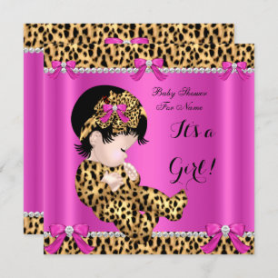 Invitation Baby shower bébé mignonne fille Leopard Hot rose o