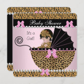 Invitation Baby shower Bébé mignonne Fille léopard rose Bow 2 (Devant / Derrière)