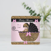 Invitation Baby shower Bébé mignonne Fille léopard rose Bow 2 (Debout devant)