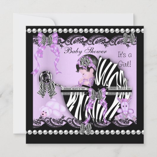 Invitation Baby shower Bébé mignonne Fille Lilac Zèbre Dentel (Devant)