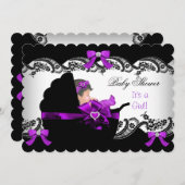 Invitation Baby shower Bébé mignonne fille pourpre rose dente (Devant / Derrière)