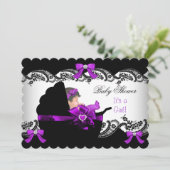 Invitation Baby shower Bébé mignonne fille pourpre rose dente (Debout devant)