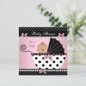 Invitation Baby shower Bébé mignonne fille rose Bow noir (Debout devant)