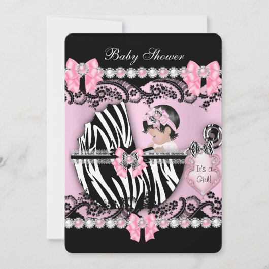 Invitation Baby shower Bébé mignonne fille rose perles Zebra (Devant)