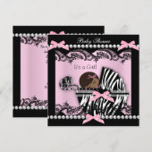 Invitation Baby shower Bébé mignonne Fille rose Zèbre dentell (Devant / Derrière)