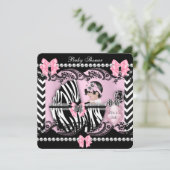 Invitation Baby shower Bébé mignonne Fille rose Zèbre Dentell (Debout devant)