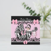 Invitation Baby shower Bébé mignonne fille rose Zèbre dentell (Debout devant)