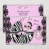 Invitation Baby shower Bébé mignonne Fille rose Zèbre Pram 2 (Devant / Derrière)