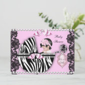 Invitation Baby shower Bébé mignonne Fille rose Zèbre Pram 2 (Debout devant)
