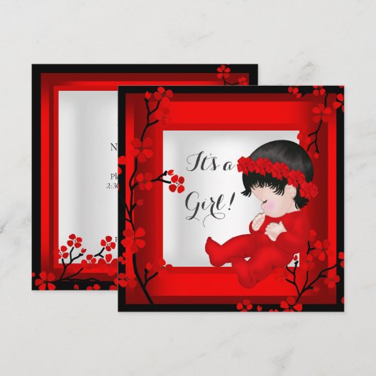 Invitation Baby shower Bébé mignonne Fille Rouge Blossom Noir (Devant / Derrière)