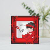 Invitation Baby shower Bébé mignonne Fille Rouge Blossom Noir (Debout devant)
