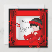 Invitation Baby shower Bébé mignonne Fille Rouge Blossom Noir (Devant)