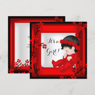 Invitation Baby shower Bébé mignonne Fille Rouge Blossom Noir
