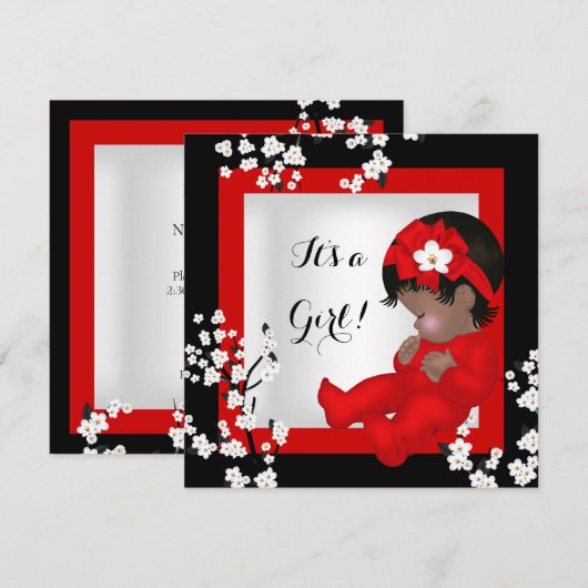 Invitation Baby shower Bébé mignonne Fille Rouge Blossom Noir (Devant / Derrière)