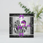 Invitation Baby shower bébé mignonne fille Zebra Pram Argent (Debout devant)
