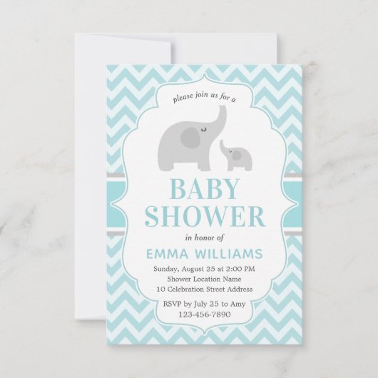 Invitation Baby shower bébé moderne bleu gris éléphant (Devant)