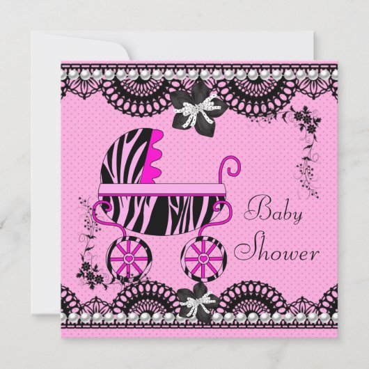 Invitation Baby shower bébé noir blanc rose fille (Devant)