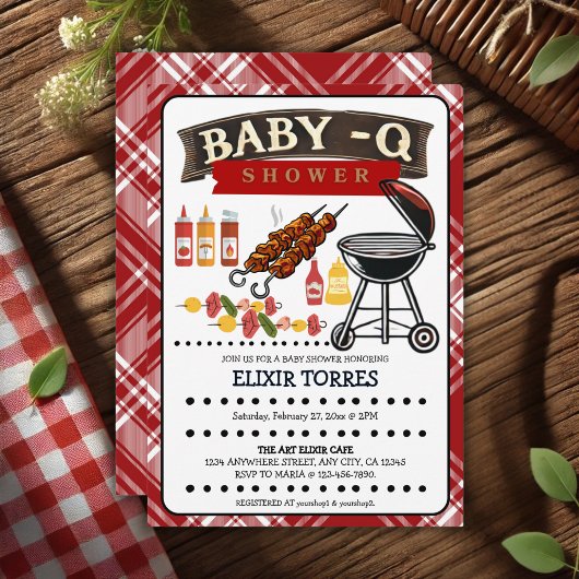 Invitation Baby shower bébé-Q À damiers Red & Black Grill