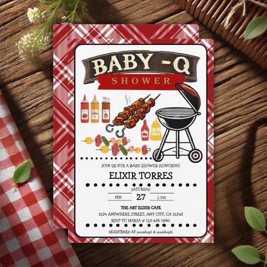 Invitation Baby shower bébé-Q À damiers Red & Black Grill