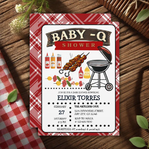 Invitation Baby shower bébé-Q À damiers Red & Black Grill