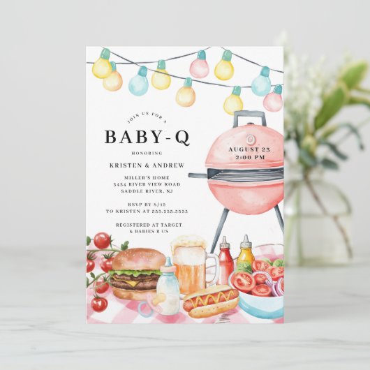 Invitation Baby shower bébé Q BBQ Bash (Debout devant)