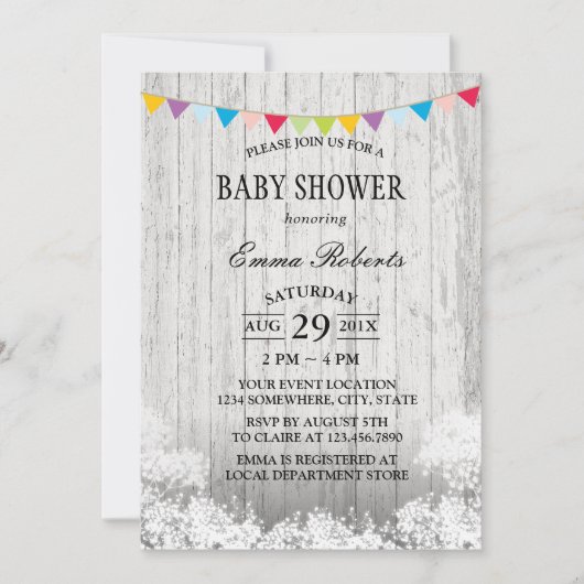 Invitation Baby shower Bébé rustique haleine Bois blanc (Devant)