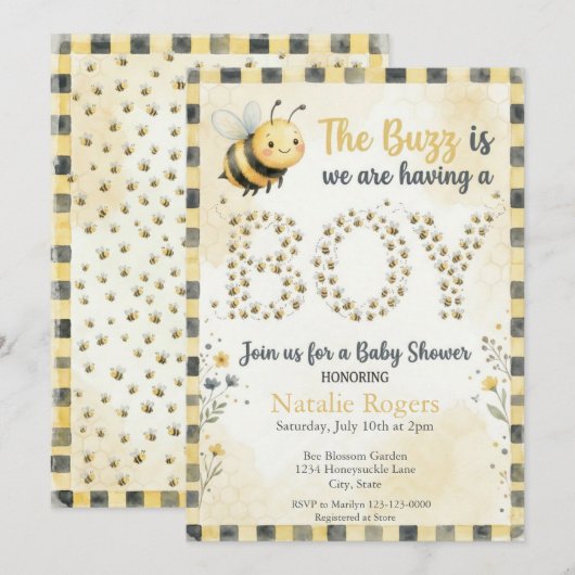 Invitation Baby Shower Bee Buzz Boy (Devant / Derrière)