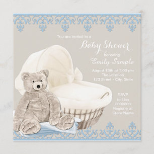 Invitation Baby shower beige et bleu d'ours de nounours