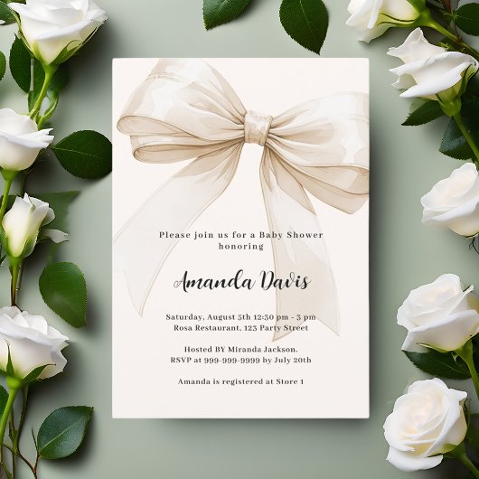 Invitation Baby shower beige neutre pour le genre Bow