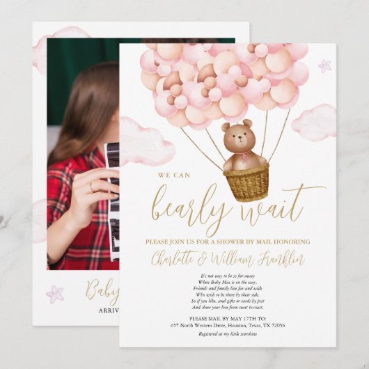 Invitation BABY SHOWER BGirl Par Mail Teddy Bear Photo (Devant / Derrière)