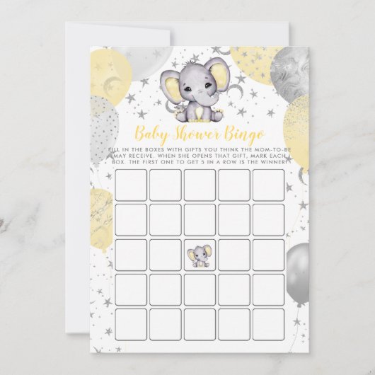 Invitation Baby shower Bingo Jaune Eléphant Jeu (Devant)