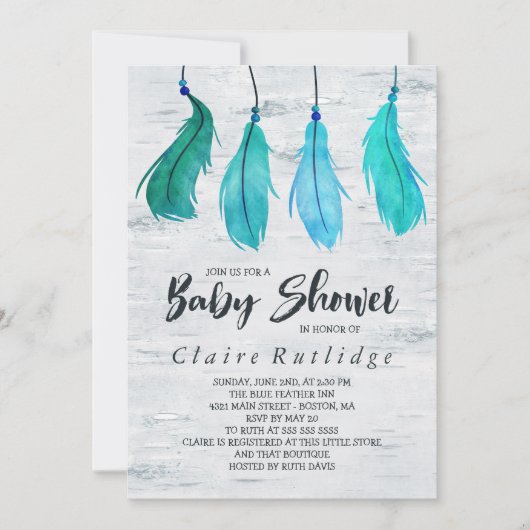 Invitation Baby shower Birch & Blue Feathers (Devant)