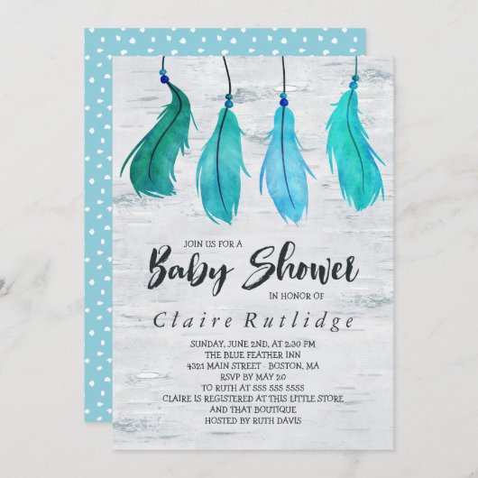 Invitation Baby shower Birch & Blue Feathers (Devant / Derrière)