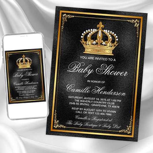Invitation Baby shower Black Gold Prince