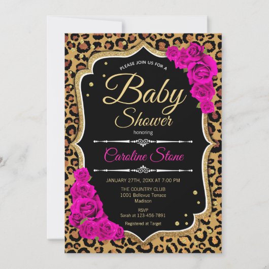 Invitation Baby shower - Black Pink Gold Empreinte de léopard (Devant)