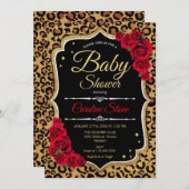 Invitation Baby shower - Black Red Gold Empreinte de léopard (Devant / Derrière)