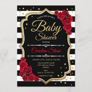 Invitation Baby shower Black White Stripes Roses