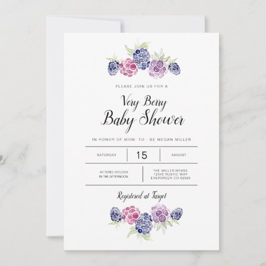 Invitation Baby shower Blackberry | Baies d'aquarelle (Devant)