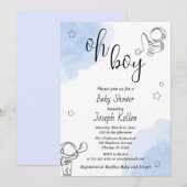 Invitation Baby shower blanc bleu et noir met (Devant / Derrière)