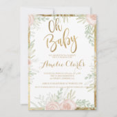 Invitation Baby shower blanc chic à la bordure or floral rose (Devant)