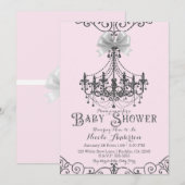 Invitation Baby shower blanc clair rose et argenté (Devant / Derrière)