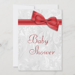 Invitation Baby Shower Blanc Damassé et Nœud Faux