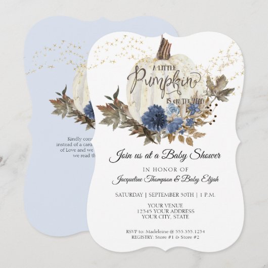 Invitation Baby shower blanc de Citrouille bleu floral de Nav (Devant / Derrière)